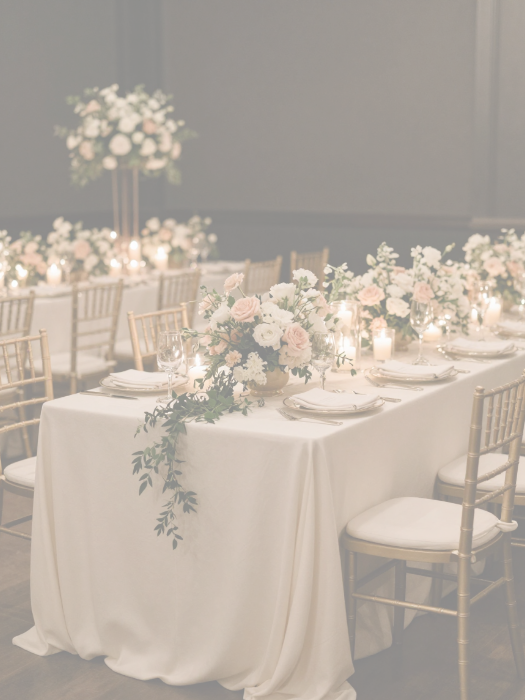Elegant wedding reception table with white florals and candlelight