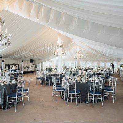 Silver Chiavari Chairs with Charcoal Crush at Meadow Brook