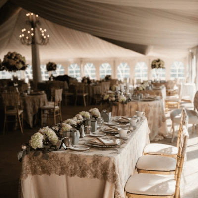 Gold Chiavari Chairs with Champagne Matte Satin and Collette Overlay at Meadow Brook Hall